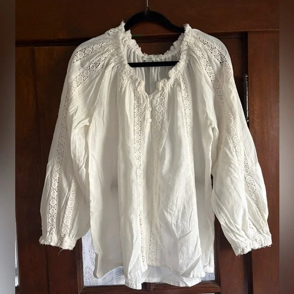 Sundance Ivory Cotton Lace Peasant Top Poet Blouse Romantic Crochet Embellished - Picture 2 of 7